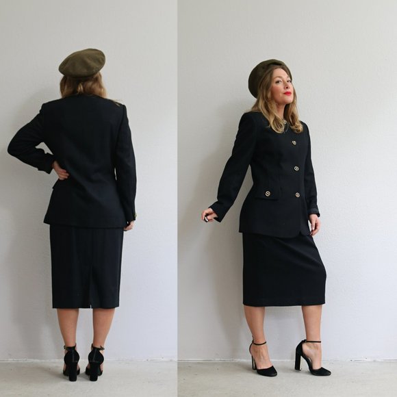 1990's Oleg Cassini Black Wool Suit Set // Women's Size Small // Structured - Picture 4 of 8